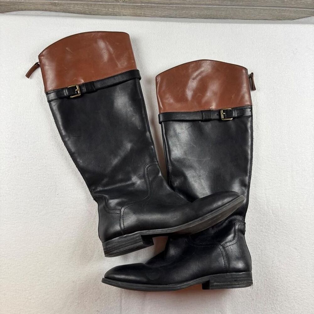 Black Brown Leather Knee High Riding Boots Women’s 10 Two Tone Buckle Tall Boots